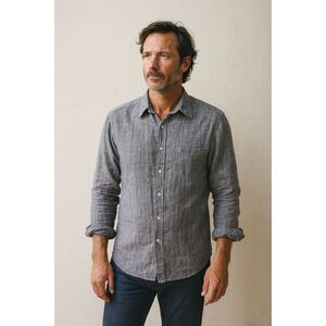 CP SHADES Gray Linen Button Up Long Sleeve Shirt Top Mens Size Small